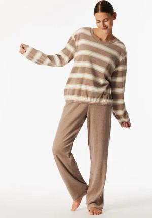 Schlafanzug lang Frottee Bündchen Ringel taupe-meliert - Casual Essentials 42