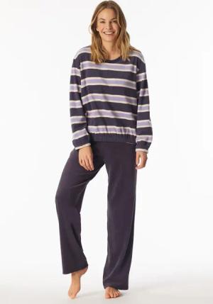Schlafanzug lang Frottee Bündchen Ringel indigo - Casual Essentials 48