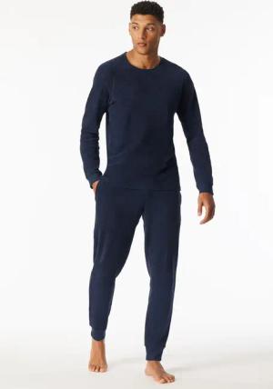 Schlafanzug lang Velours Kord-Optik Bündchen nachtblau - Selected Premium Warming 54