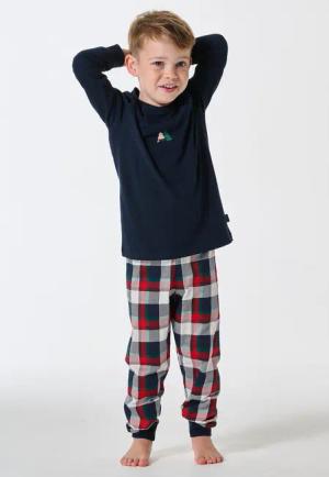 Schlafanzug lang Bündchen Karo nachtblau - Family 98