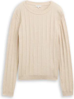 TOM TAILOR Damen Rib Strickpullover mit Wollanteil, beige, Meliert, Gr. L