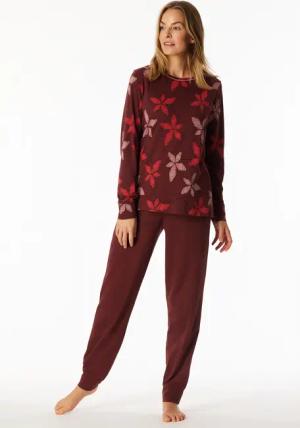 Schlafanzug lang Bündchen Blumen burgund - Comfort Nightwear 38
