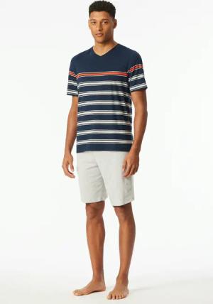 Schiesser Shorty "Casual Nightwear" 2 Stk. tlg., Shirt mit V-Ausschnitt und platzierten Ringeln