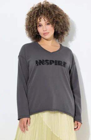 Ulla Popken Sweatshirt Sweatshirt Pailletten-Schriftzug V-Ausschnitt