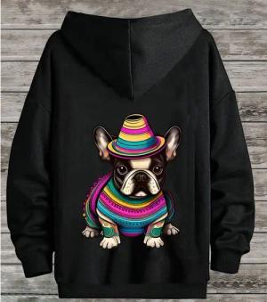 RMK Hoodie Damen Pullover Basic Pulli Kapuzenpullover Seitentaschen Hund Mexico Französische Bulldogge Print