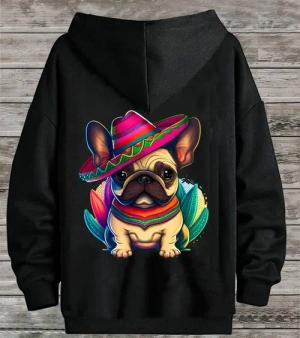 RMK Hoodie Damen Pullover Basic Pulli Kapuzenpullover Seitentaschen Hund Mexico Französische Bulldogge Print