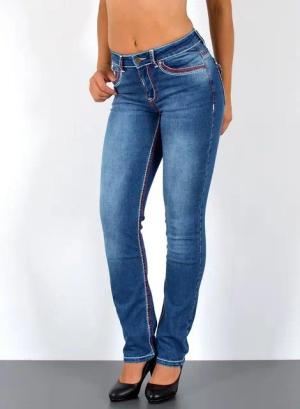 ESRA Straight-Jeans Damen Jeanshose weiße Naht hohe Leibhöhe Stretch Jeans Straight G12 High Waist Jeans Damen Straight Hose mit dicker Naht bis Übergröße