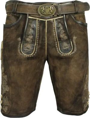 Maddox Trachtenlederhose "Hector" mit Gürtel - Alt Moor, Kurze Lederhose mit Stickereien