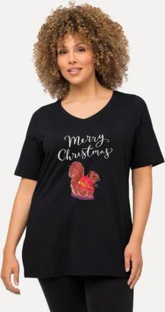 Ulla Popken T-Shirt Weihnachts-Shirt Eichhörnchen V-Ausschnitt Halbarm