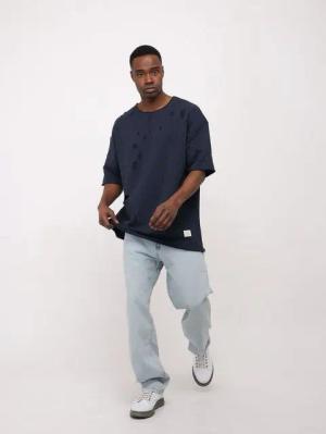 Denim House T-Shirt Oversize T-Shirt im destroyed Look Loose Fit Shirt Blau M