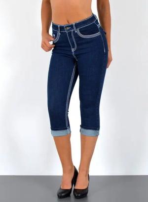 ESRA Caprijeans Damen 3/4 Capri Jeans-Hose mit Kontrast-Nähte bis Große Größen J563 Damen High Waist Capri Jeans Stretch Jeans dicke Naht bis Übergröße