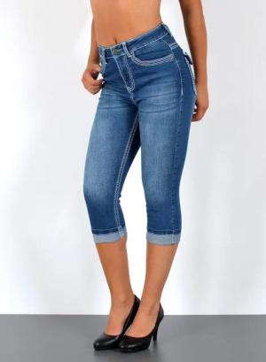 ESRA Caprijeans Damen 3/4 Capri Jeans-Hose mit Kontrast-Nähte bis Große Größen J563 Damen High Waist Capri Jeans Stretch Jeans dicke Naht bis Übergröße