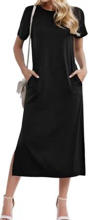 LUCKZON Sommerkleid Damen Maxikleid, geteilt, lässig, T-Shirt-Kleid mit Taschen, Rundhalsausschnitt, kurze Ärmel, Sommerkleider