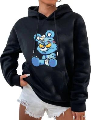 RMK Kapuzenpullover Damen Pullover Pulli Hoodie Basic Oversize Fleece Sweater mit Kapuze verärgerter Teddybär