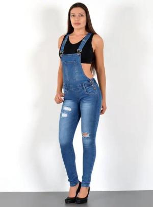 ESRA Jeanslatzhose Damen Latzjeans mit Hosenträger und Stretch H340 Damen Latzhose mit Trägern Enge Jeans Jumpsuit Skinny Overall Jeans