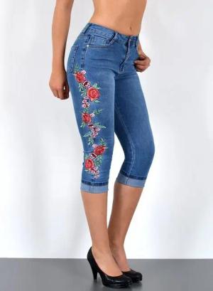 ESRA Caprijeans Damen 3/4 Jeans Hüftjeans niedrige Leibhöhe Damen 3/4 Hose Tief Bund Damen Capri Jeans Low Waist bis Übergröße Plus Size Große Größe Shorts