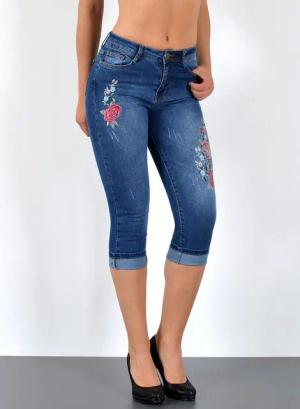 ESRA Caprijeans Damen 3/4 Jeans Hüftjeans niedrige Leibhöhe Damen 3/4 Hose Tief Bund Damen Capri Jeans Low Waist bis Übergröße Plus Size Große Größe Shorts