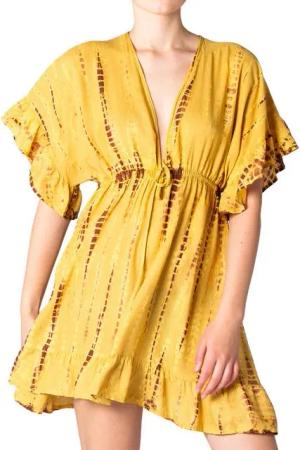 PANASIAM Tunikakleid kurzes Sommerkleid aus natürlicher Viskose mit V Ausschnitt Boho-Kleid Damen Strandkleid Minidress mit Volants Ethno Beach Dress Tunikakleid