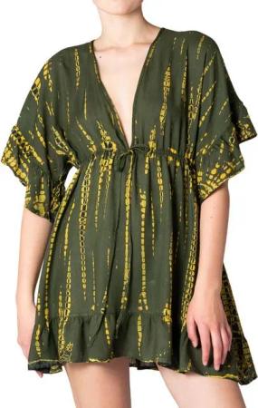 PANASIAM Tunikakleid kurzes Sommerkleid aus natürlicher Viskose mit V Ausschnitt Boho-Kleid Damen Strandkleid Minidress mit Volants Ethno Beach Dress Tunikakleid