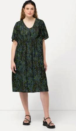 Ulla Popken Jerseykleid Kleid Punkte Smokeinsatz V-Ausschnitt Halbarm
