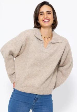 SASSYCLASSY Strickpullover Oversize Damen Pullover mit Kragen Oversize Strickpullover Damen Grau Beige Taupe