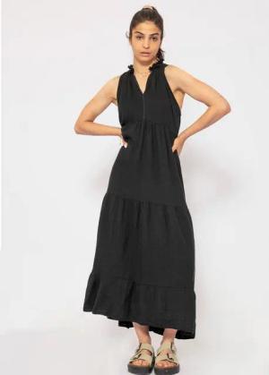 SASSYCLASSY Maxikleid Langes Musselin Kleid mit Stufendesign Maxikleid aus Baumwolle mit V-Ausschnitt und Fransen