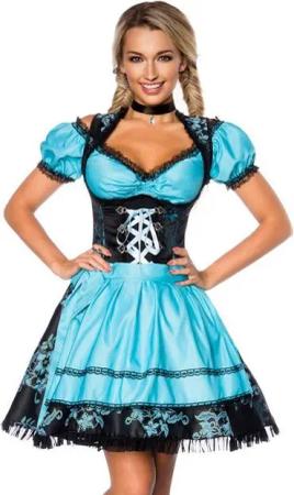 Dirndline Dirndl 3-tlg. Set: Premium Dirndl mit Bluse und Schürze blau schwarz Jacquard