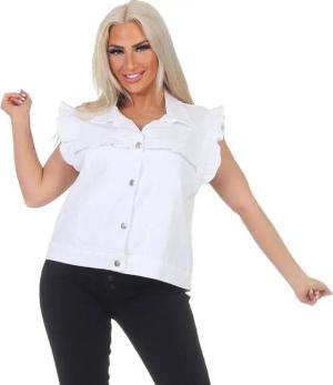 Aurela Damenmode Jeansweste Damen Weste Jeanslook Sommerweste mit Volantärmeln Sommerfarben