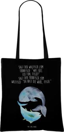 Mr. & Mrs. Panda Tragetasche Walfisch Thunfisch - Schwarz - Geschenk, Spruch des Tages, Shopper, T (1-tlg), Fröhliches Design
