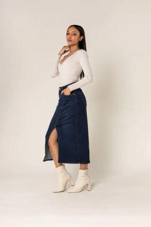 Nina Carter Sommerrock Langer mit Schlitz Stretch Denim Midi Denim Midi Skirt