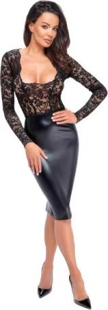 Noir Handmade Etuikleid Wetlook Kleid F295 mit Spitze Midikleid schwarz, Made in EU