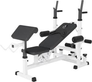 GORILLA SPORTS Hantelbank Multifunktion, mit Langhantel Ablage, Bankdrücken - Kraftstation, (mit Curlpult, Butterfly, Dip-Station und Beincurler), Schwarz/Weiß - Verstellbar Trainingsbank, Fitnessbank, Krafttraining