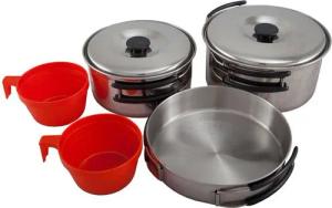 Outdoor International Topf-Set Camping Kochgeschirr Set 7tlg., Edelstahl Topf Pfanne Geschirr Stapelbar