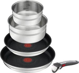 Tefal Pfannen-Set Jamie Oliver Ingenio G6, 5-teiliges Ingenio Kochgeschirr-Set Induktion, Edelstahl (Set, 5-tlg., Bratpfanne 24/28 cm, Kasserollen 16/20 cm, 1 abnehmbarer Griff), für alle Herdarten geeignet, backofenfest, platzsparend, L9769632