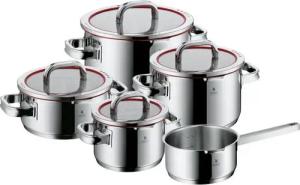 WMF Topf-Set Function 4, Glasdeckel mit 4 Abgießfunktionen, poliert, unbeschichtet, Cromargan® Edelstahl Rostfrei 18/10 (Set, 5-tlg., 1 Bratentopf 20cm, je 1 Fleischtopf 16/20/24cm, 1 Stielkasserolle 16cm), Induktions Töpfe Set, Innenskalierung, für alle