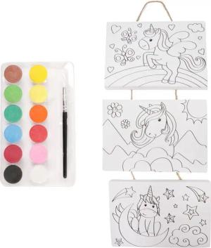 Toi-Toys Malblock Einhorn Malset für Kinder mit 3 Leinwänden, 12 Farben und Pinsel