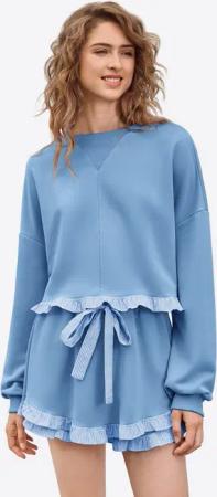 Imily Bela Freizeitanzug Damen 2-teilige Lässige Freizeitset (Set, 2-tlg., Sweatshirt+Shorts), Rüschen Besatzung