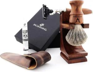 JAG SHAVING Rasierset 5-teiliges Premium- und Private-Holz-Rasierset für Herren, 5-tlg., Gillette Mach3 Rasierer, Haarbürste, Lederetui, Alaun-Stickständer, perfekt für Männer Geschenkset