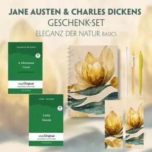 Jane Austen & Charles Dickens Geschenkset - 2 Bücher (Hardcover+ Audio-Online) + Eleganz der Natur Schreibset Basics