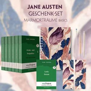 Jane Austen Geschenkset - 7 Bücher (Hardcover + Audio-Online) + Marmorträume Schreibset Basics