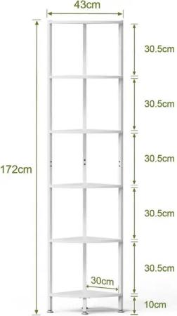 JEOBEST Eckregal 6-stöckiges Bücherregal, Standregal, Leiterregal, Aufbewahrungsregal, Industrial-Design, Weiß 30 x 30 x 172 cm