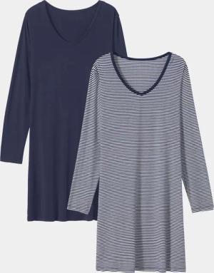 Jersey-Nachthemden im Doppelpack - marine / weiß / geringelt - Gr. 46 von Goldner Fashion