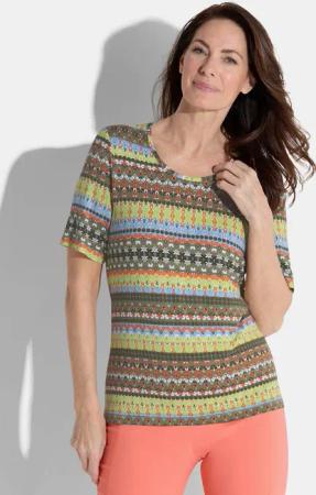 Jersey-Shirt mit Rundhalsausschnitt - khaki / hellgrün / orange / gemustert - Gr. 50 von Goldner Fashion