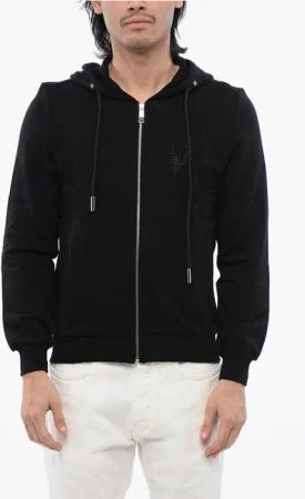 Kapuzenpullover aus gebürsteter Baumwolle mit Reißverschluss und Strass-Tribal in Schwarz