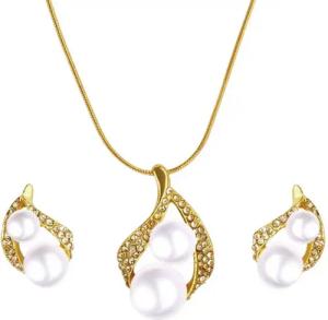 KARMA Schmuckset Schmuckset Damen, Kunstperlen & Kristalle (Damenschmuck Geschenk), Kette Ohrstecker Goldfarben