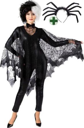 Karneval-Klamotten Kostüm Spinne Damen Grusel Spinnweben Poncho mit Haarreif, Halloweenkostüm schwarz Spinnen Umhang mit Spinne Kopfschmuck Karneval