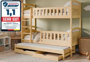 Kids Collective Etagenbett Hochbett Stockbett Kinderbett 90x200 cm mit Ausziehbett und Schubladen (Modell 2025, mit drei Matratzen inklusive), Umbaubar zu 3 Einzelbetten mit Lattenrosten & Rausfallschutz, Natur