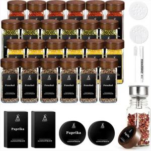 KingLux Gewürzbehälter 24Stk.120ml Gewürzdosen Eckig -Set aus Glas,Kappen aus Akazienholz, (24-tlg)