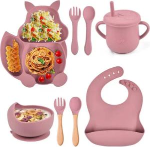 KINSI Kindergeschirr-Set Kindergeschirr-Set 8-teilig, Silikongeschirr, Eichhörnchen-Design, 1 Personen, rutschfestes, Löffel-, Gabel-, Schüssel-, Teller- und Besteckset