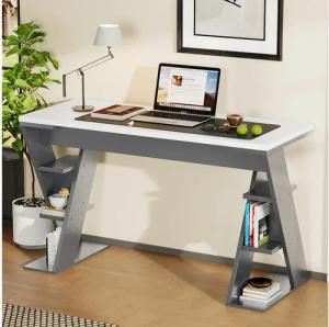 KLAM HOME Schreibtisch Einfacher Schreibtisch, Schreibtisch mit X-förmiger Halterung (120 x 50 x 74 cm Lagerregal mit sechs Positionen), Farblich abgestimmtes Design in Grau und Weiß, stilvoll und robust